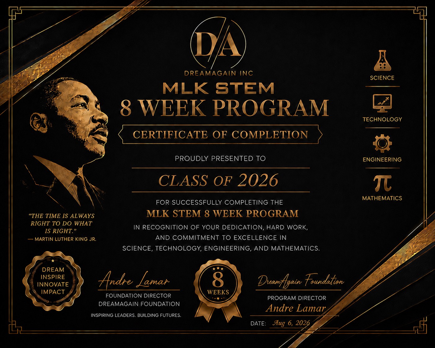 DreamAgain Inc MLK STEM 8 Week Program Certificate of Completion, Class of 2026
